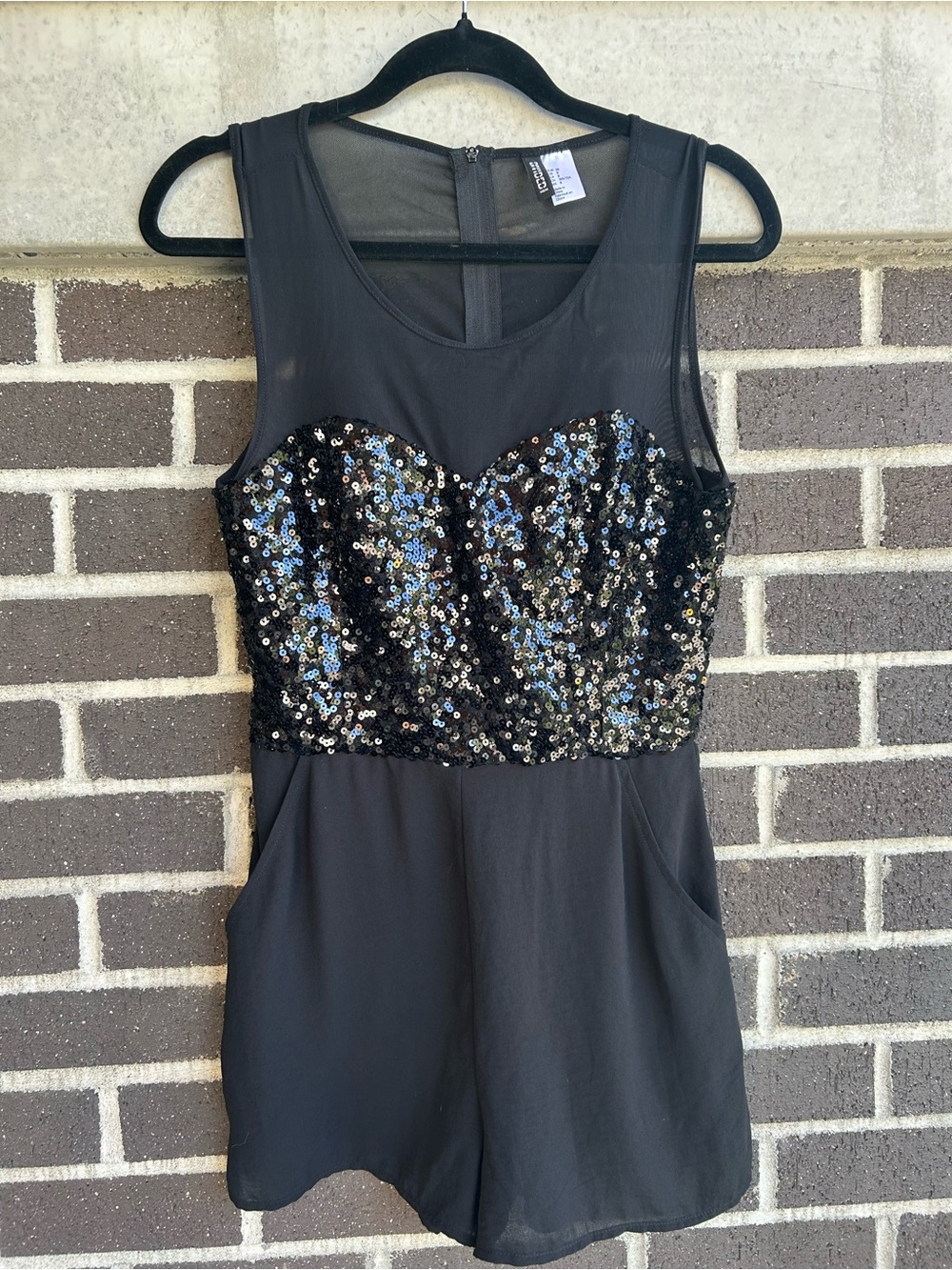 Divided Black Mini Romper with Sequined Bust - Size 8